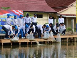 Turut Dukung Indonesia Sebagai Negara Swasembada Pangan, Lanal Dumai Tebar 50.000 Ekor Bibit Ikan Patin